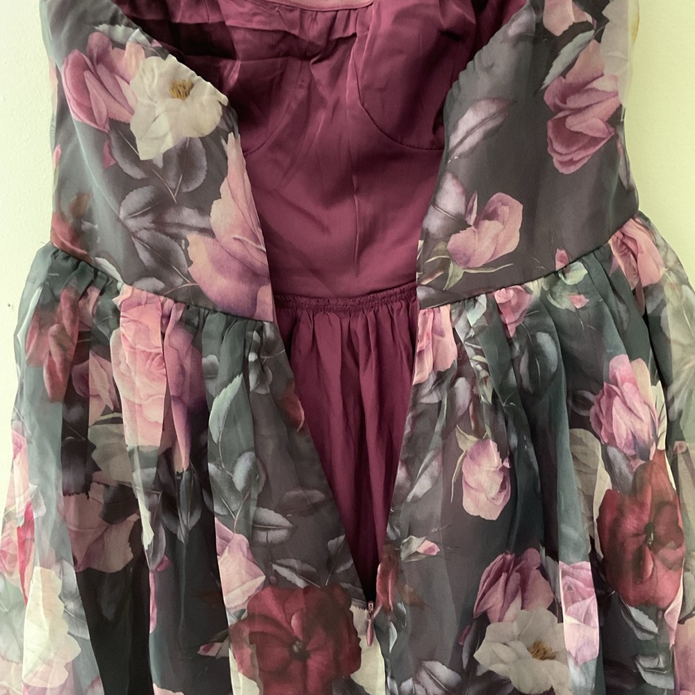 Lulus Wonderful Waltz Purple Floral Print Strapless Bustier Organza Maxi Dress S - Picture 10 of 14